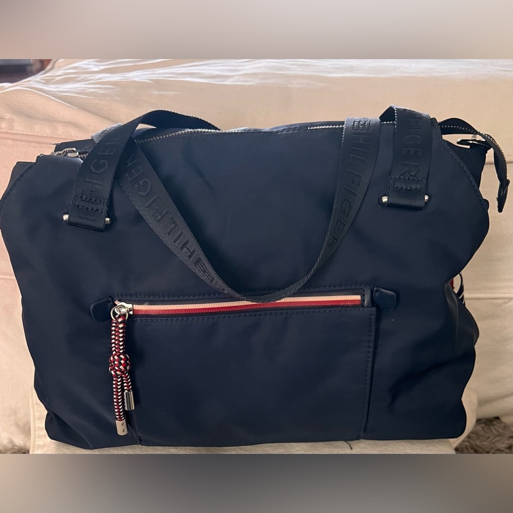 Tommy Hilfiger Tote Bag. Blue nylon shoulder bag